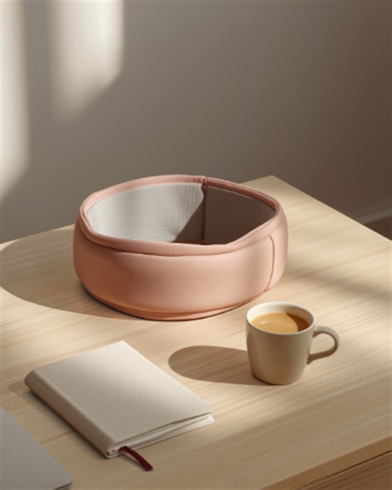 The Ember belt on a desk beside a laptop and coffee